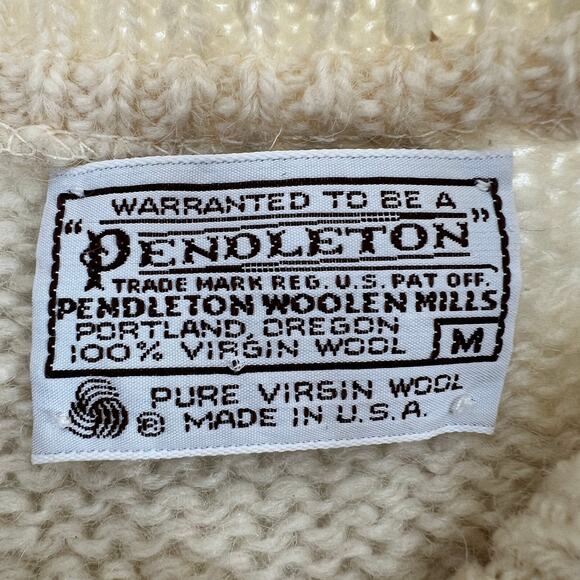 Vintage Pendleton Virgin Wool Sweater Medium Leather Button Henley Ivory READ - Picture 6 of 11